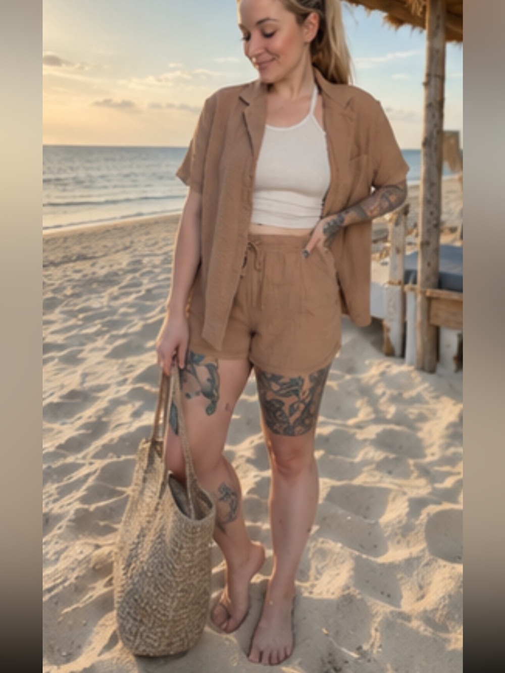 Nicole Miller Tan  Women’s set of 2 ,shorts and shirt Cover-Up size M